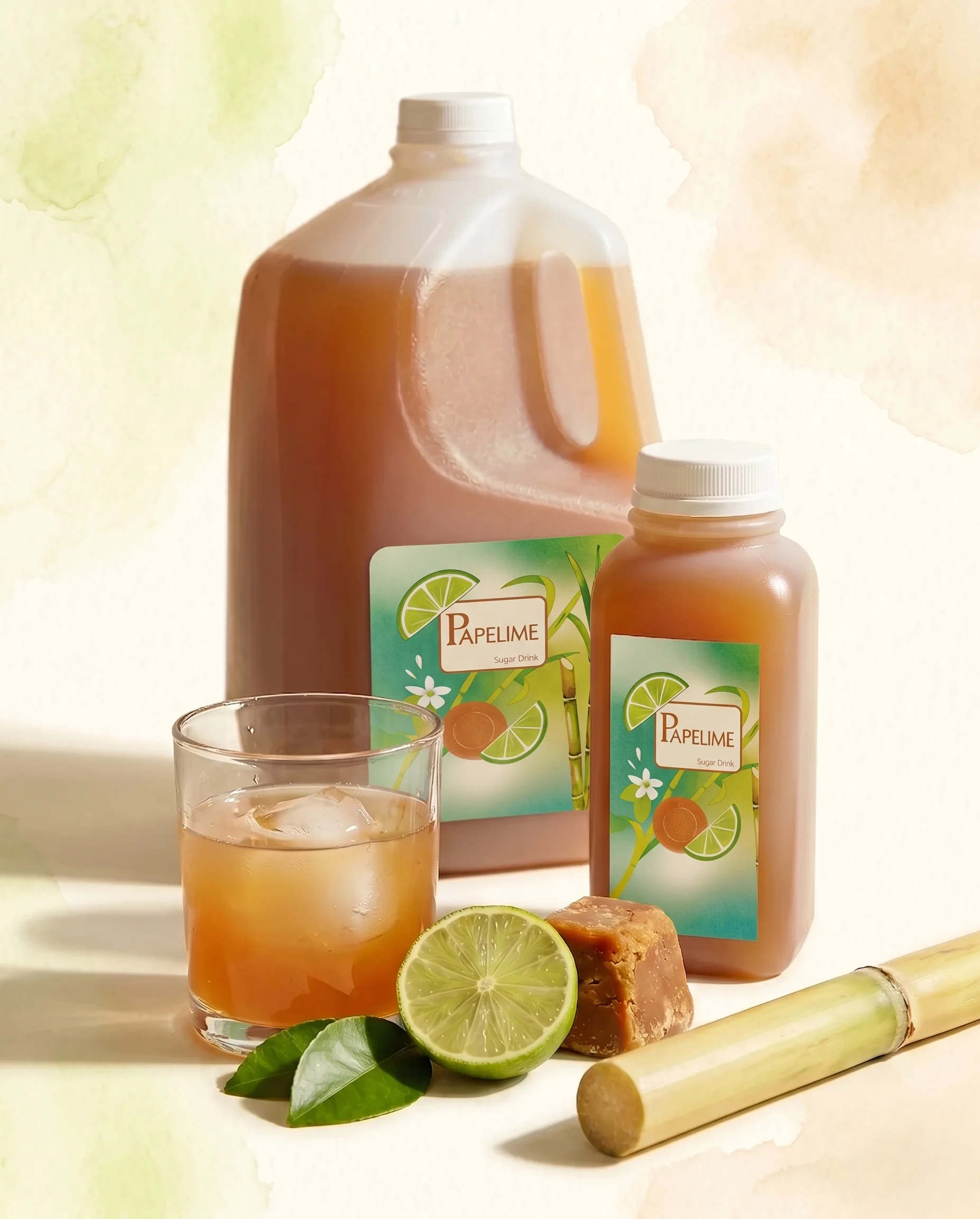 Papelime — 1 gallon jug, 16 oz bottle, glass with ice, lime and sugar cane